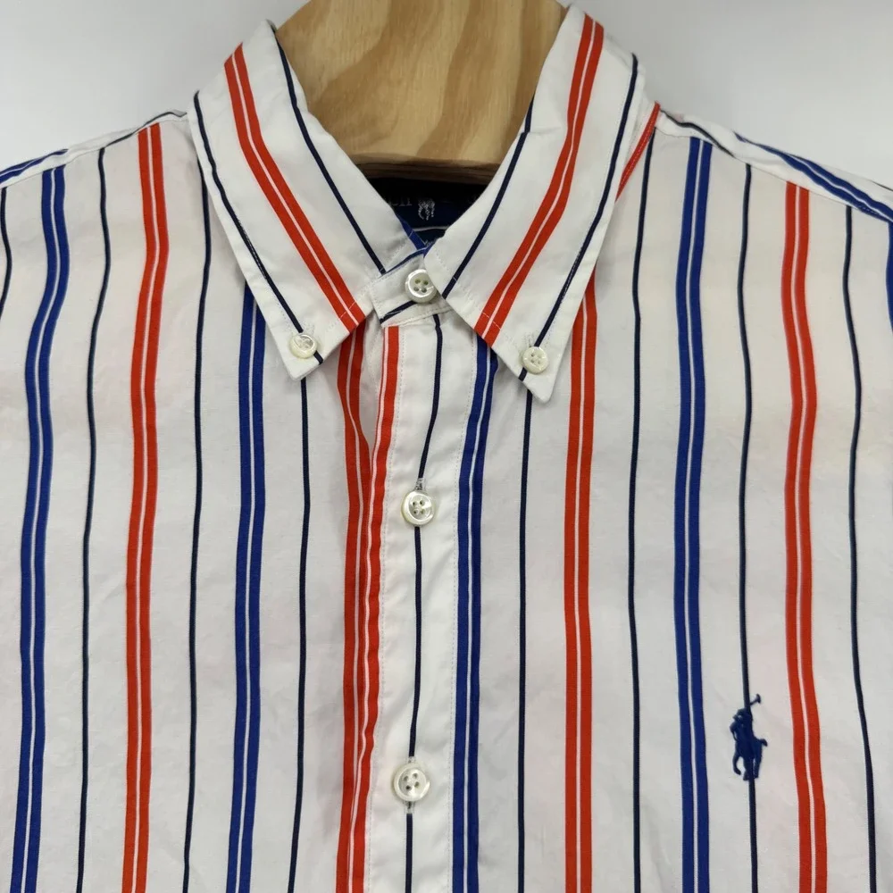 Ralph Lauren Mens Custom Fit Striped Button Down Shirt White Red Blue Large